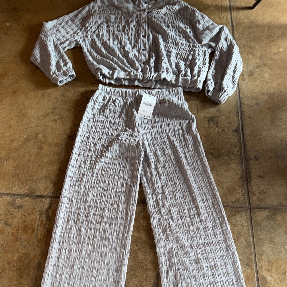 NWT Zara Textured ruched gray bomber jacket & wide leg pants coord set medium L - Picture 8 of 8